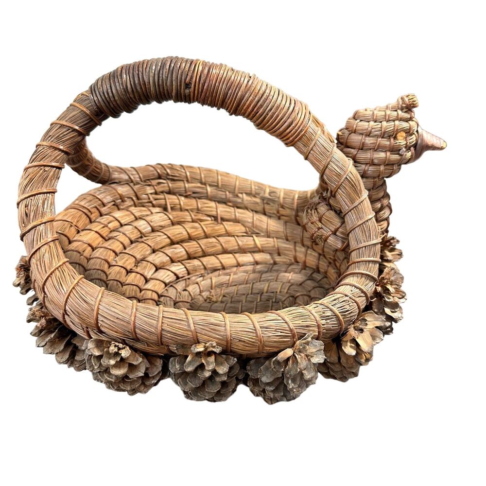 Vintage Native American Pine Needle Basket Bird with Pinecones